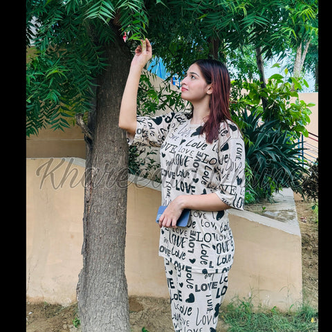 Off White All Over Love Heart Printed Night Suit (KO-NS-505)