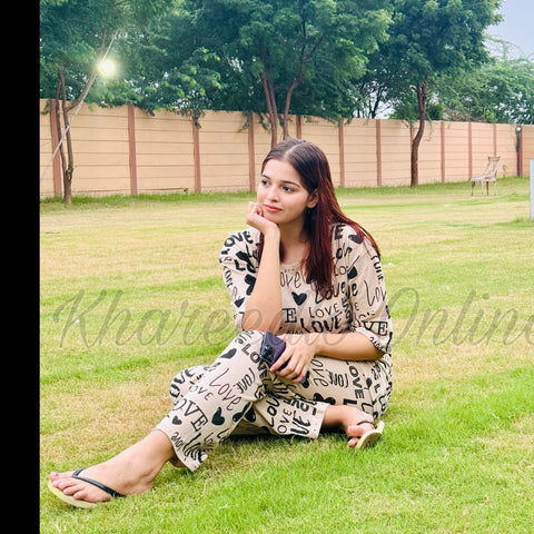 Off White All Over Love Heart Printed Night Suit (KO-NS-505)