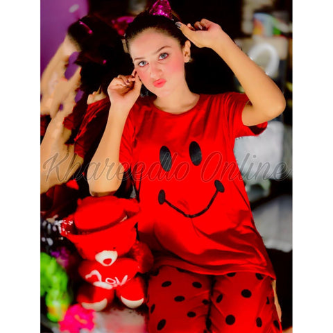 Red Smile With Polka Dots Trouser Half Sleeves Night Suit (KO-NS-0029)
