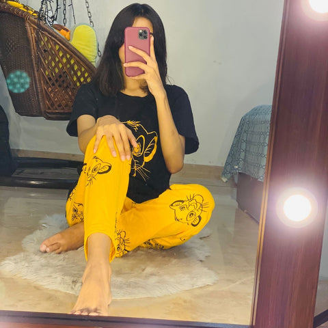 Black Lion With Yellow Lion Trouser Half Sleeves Night Suit (KO-NS-0050)