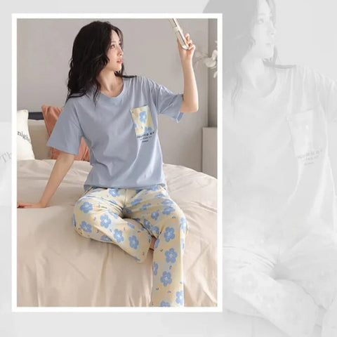 Sky Blue Pocket Flower With Flower Printed Trouser (KO-NS-504)