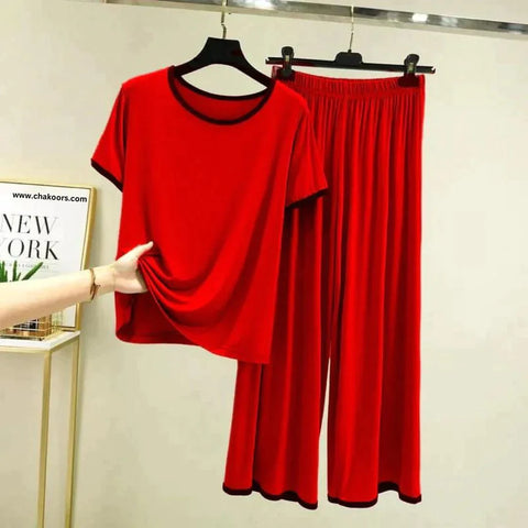 Red Round Neck Piping Half Sleeves Shirt With Lose Style Trouser Home Wear (KO-NS-459)
