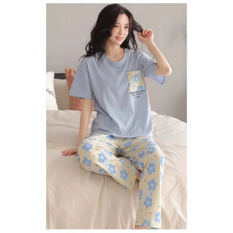Sky Blue Pocket Flower With Flower Printed Trouser (KO-NS-504)