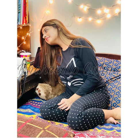 Black Meow Full Sleeves Night Suit (KO-NS-0009)