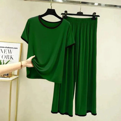 Dark Green Round Neck Piping Half Sleeves Shirt With Lose Style Trouser Home Wear (KO-NS-461)