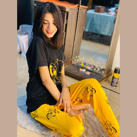 Black Lion With Yellow Lion Trouser Half Sleeves Night Suit (KO-NS-0050)