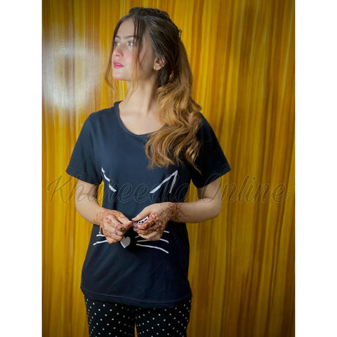 Black Meow Half Sleeves Night Suit (KO-NS-0043)