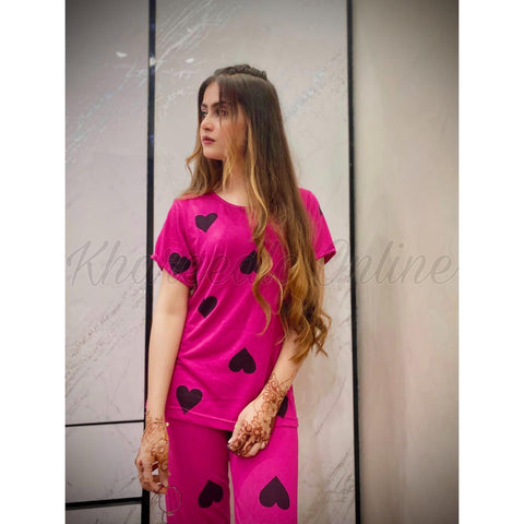 Pink With Black Hearts Half Sleeves Printed Night Suit (KO-NS-0244)