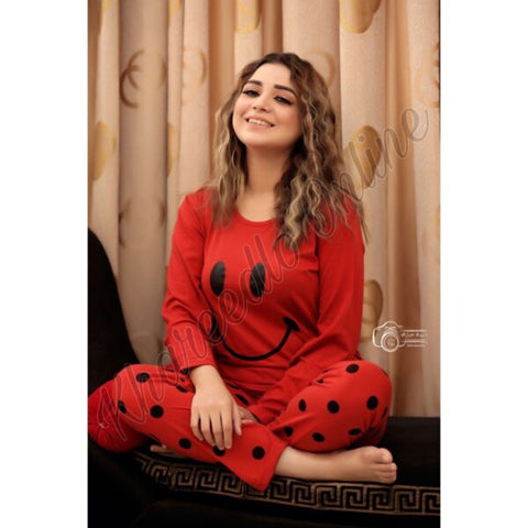 Red Smile With Polka Dots Trouser Full Sleeves Night Suit (KO-NS-028)