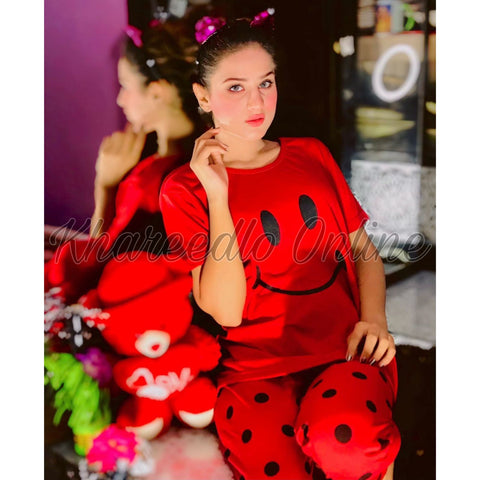 Red Smile With Polka Dots Trouser Half Sleeves Night Suit (KO-NS-0029)