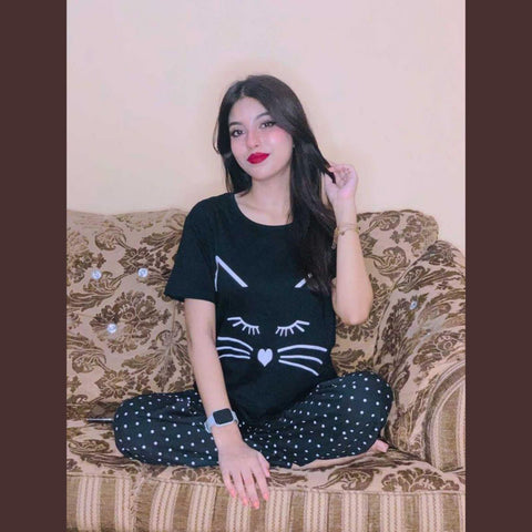 Black Meow Half Sleeves Night Suit (KO-NS-0043)