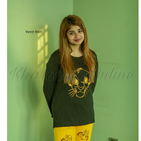 Black Lion With Yellow Lion Trouser Full Sleeves Night Suit (KO-NS-0045)