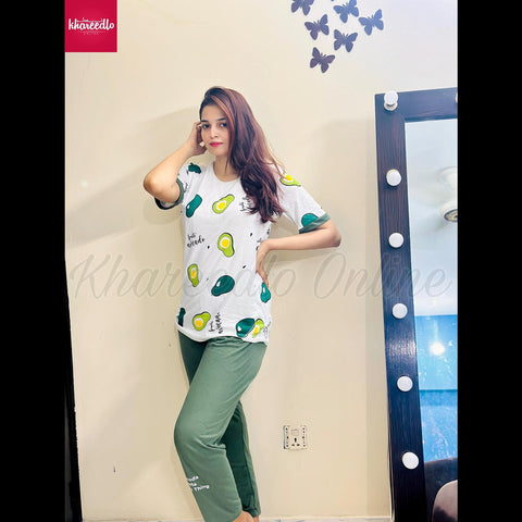 White Avocado Shirt With Green Plain Trouser Half Sleeves Printed Night Suit (KO-NS-404)