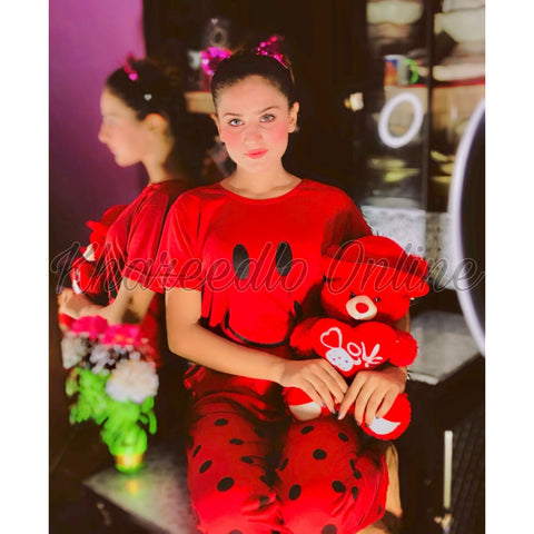 Red Smile With Polka Dots Trouser Half Sleeves Night Suit (KO-NS-0029)