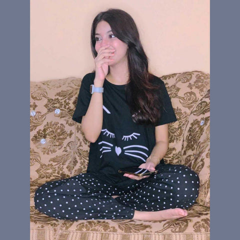 Black Meow Half Sleeves Night Suit (KO-NS-0043)