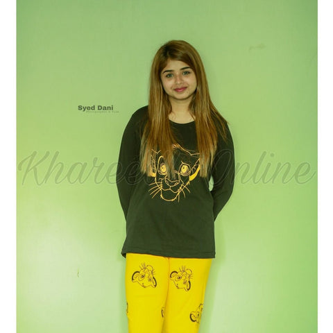 Black Lion With Yellow Lion Trouser Full Sleeves Night Suit (KO-NS-0045)