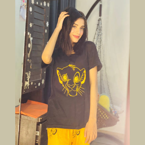 Black Lion With Yellow Lion Trouser Half Sleeves Night Suit (KO-NS-0050)