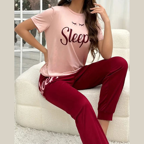 Tea Pink Sleep Shirt With Mahroon Sleep Print Trouser (KO-NS-501)