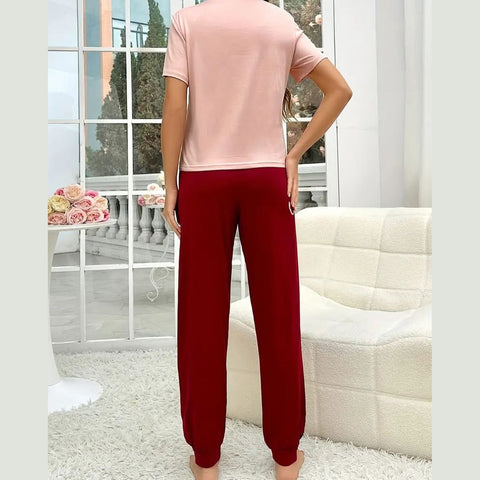 Tea Pink Sleep Shirt With Mahroon Sleep Print Trouser (KO-NS-501)