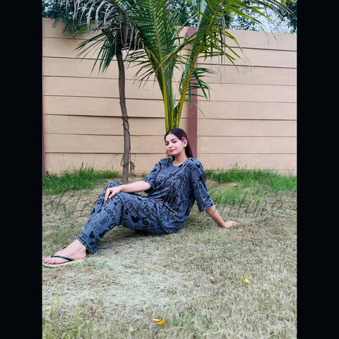 Grey All Over Love Heart Printed Night Suit (KO-NS-507)