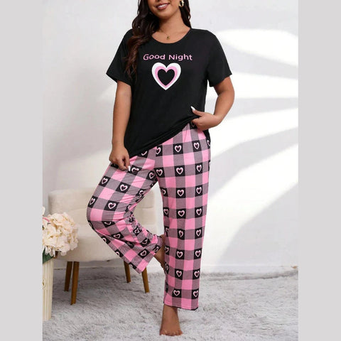 Black Good Night Hearts Printed Night Wear