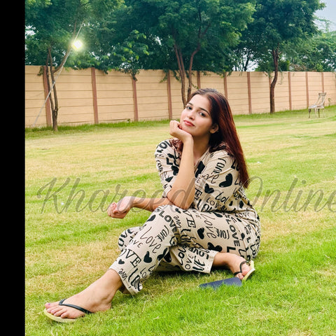 Off White All Over Love Heart Printed Night Suit (KO-NS-505)