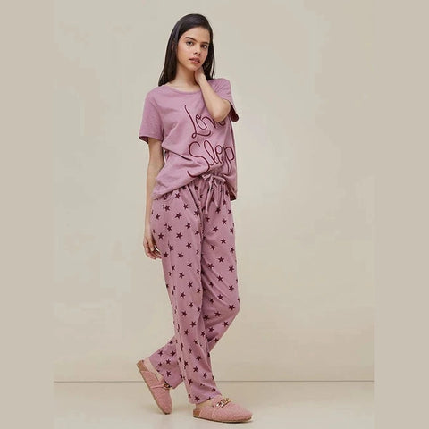 Love Sleep Shirt With Star Trouser Half Sleeves Printed Night Suit (KO-NS-487)