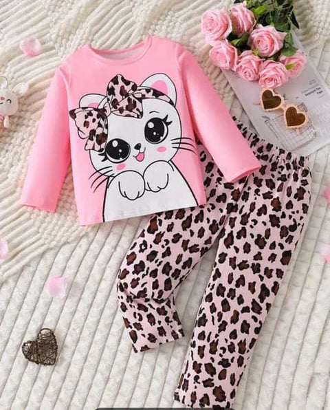 Pink Cute Kitty with cheetha pajama Printed Kids Night Suit (TNW-612)