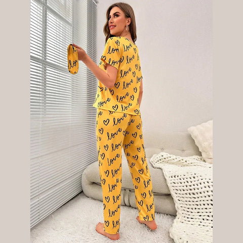 Yellow Love Heart Print Half Sleeves Shirt With Printed Trouser (KO-NS-455)