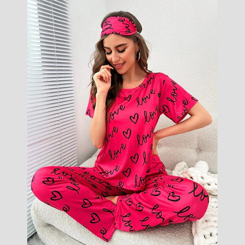 Dark Pink Love Heart Print Half Sleeves Shirt With Printed Trouser (KO-NS-454)