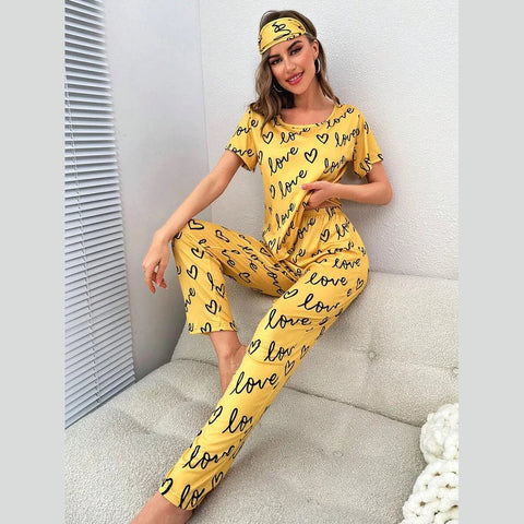 Yellow Love Heart Print Half Sleeves Shirt With Printed Trouser (KO-NS-455)