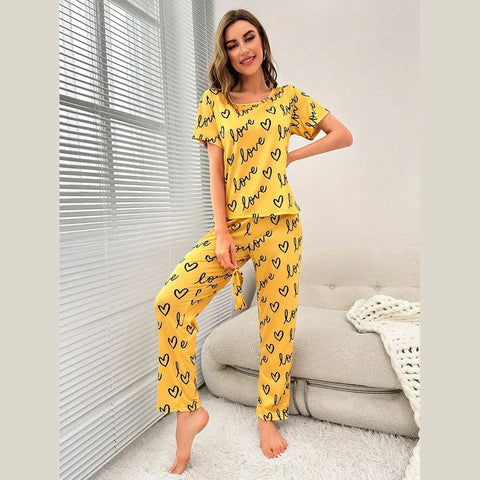 Yellow Love Heart Print Half Sleeves Shirt With Printed Trouser (KO-NS-455)