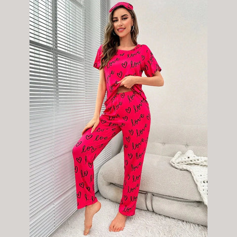 Dark Pink Love Heart Print Half Sleeves Shirt With Printed Trouser (KO-NS-454)