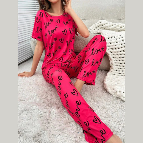 Dark Pink Love Heart Print Half Sleeves Shirt With Printed Trouser (KO-NS-454)