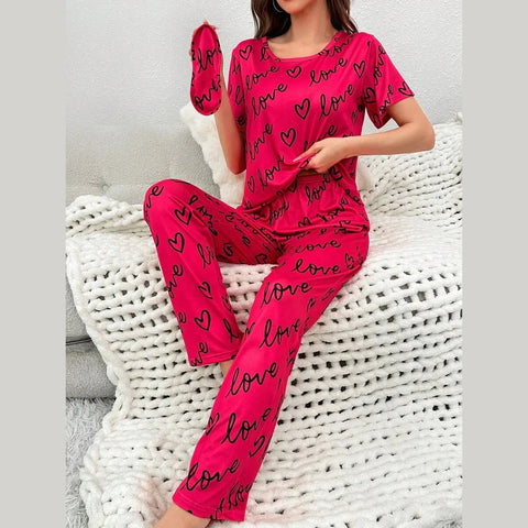Dark Pink Love Heart Print Half Sleeves Shirt With Printed Trouser (KO-NS-454)