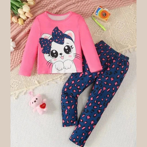 Shocking Pink Cute Kitty With Cheetha Pajama Printed Kids Night Suit (TNW-624)