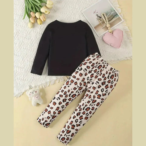 Black Cute Kitty With Cheetha Pajama Printed Kids Night Suit (TNW-623)