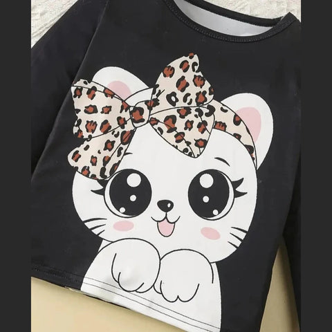 Black Cute Kitty With Cheetha Pajama Printed Kids Night Suit (TNW-623)