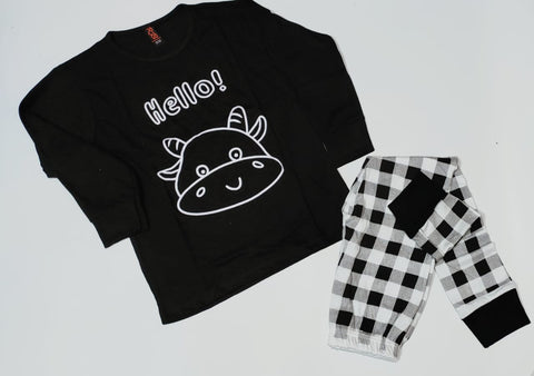 Baby or Baba Black and White Cow with Check Style Pajama Night Suit for Kids (1 Pcs) (TNW-233)