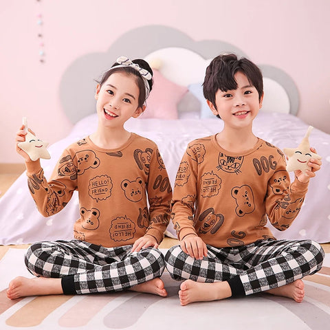 Baby or Baba Brown Hello Friend with Check Style Pajama Night Suit for Kids (1 Pcs) (TNW-235)