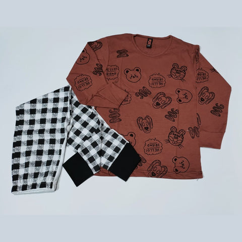 Baby or Baba Brown Hello Friend with Check Style Pajama Night Suit for Kids (1 Pcs) (TNW-235)