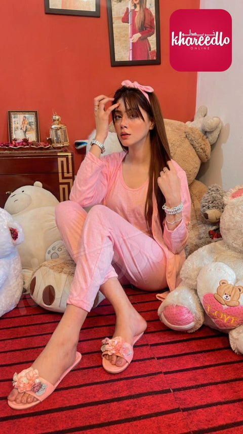 3 Pcs Sleepwear (Sando Shrug Trouser) (Baby Pink) (KO-NS-0270)