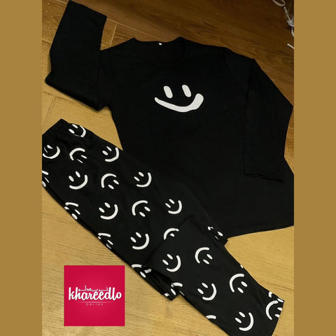 Black Smile With Smiley Trouser Full Sleeves Night Suit (KO-NS-350)