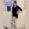 Black Plain V Neck Shirt With Beach Tres Printed Trouser Lounge Wear (KO-NS-449)