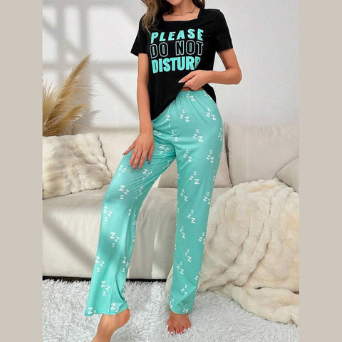 Black Please Do Not Disturb Print Half Sleeves Shirt With Printed Trouser (KO-NS-476)