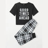 Black Good Time Ahead Print Half Sleeves Shirt With Check Printed Trouser (KO-NS-477)