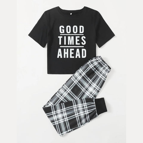 Black Good Time Ahead Print Half Sleeves Shirt With Check Printed Trouser (KO-NS-477)