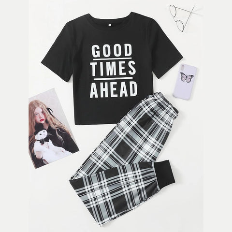 Black Good Time Ahead Print Half Sleeves Shirt With Check Printed Trouser (KO-NS-477)