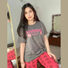 Grey With Pink CHEERFUL Print Half Sleeves Printed Trouser Night Suit (KO-NS-444)