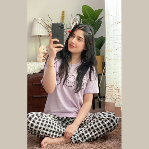 Lilac Cute Emojis With Check Printed Half Sleeves Printed Trouser Night Suit (KO-NS-445)